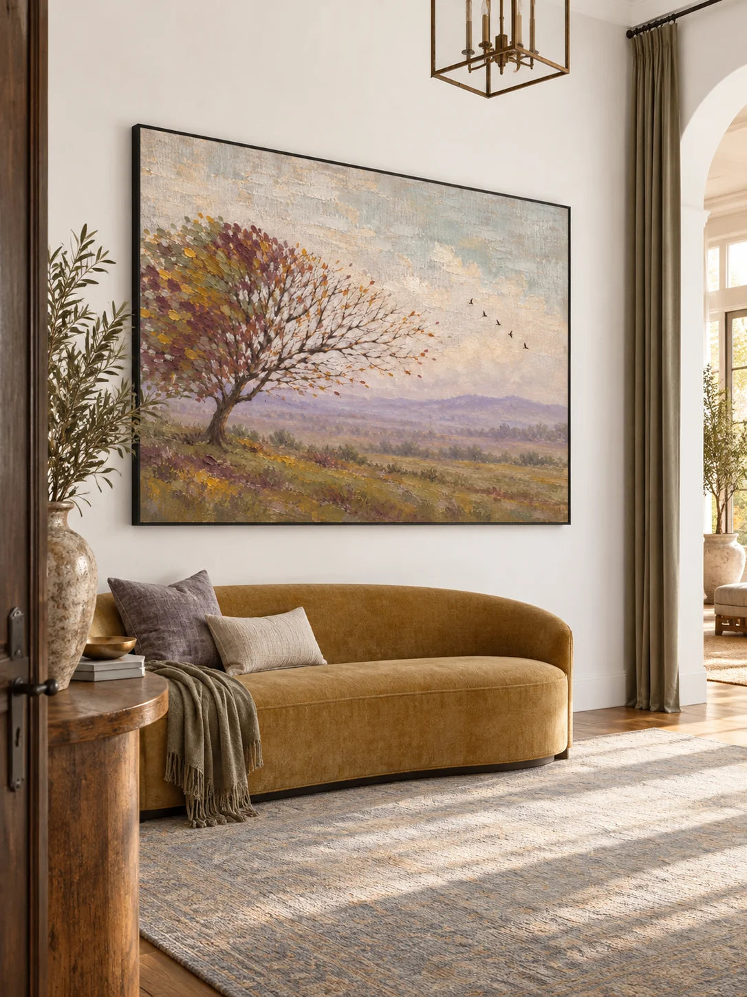 Minimalist Rural Landscape Wall Art Hand Painted Autumn Tree And Mountain Painting