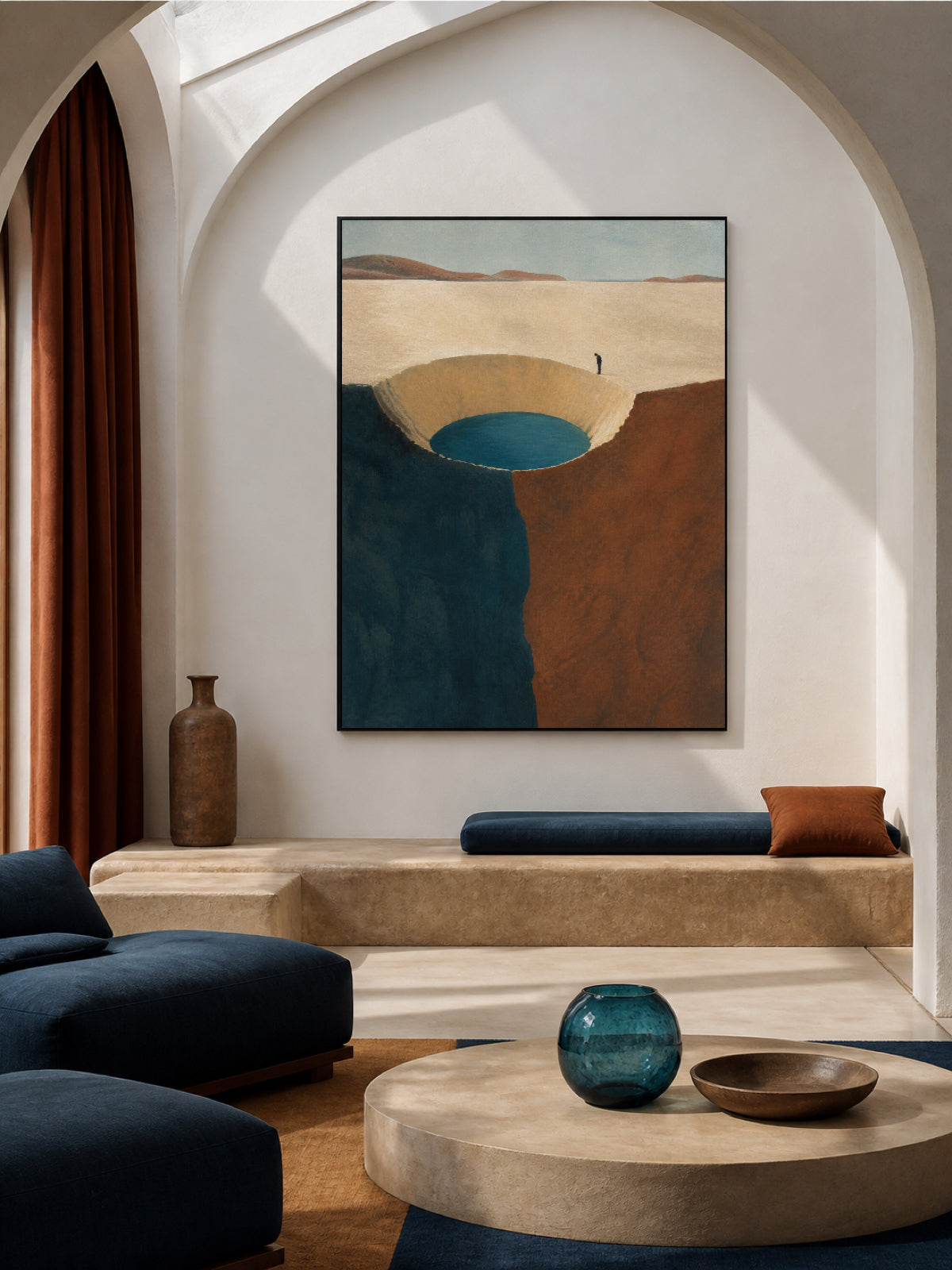 Volcanic Crater Lake Painting With Lone Explorer Hand-Painted Wall Art