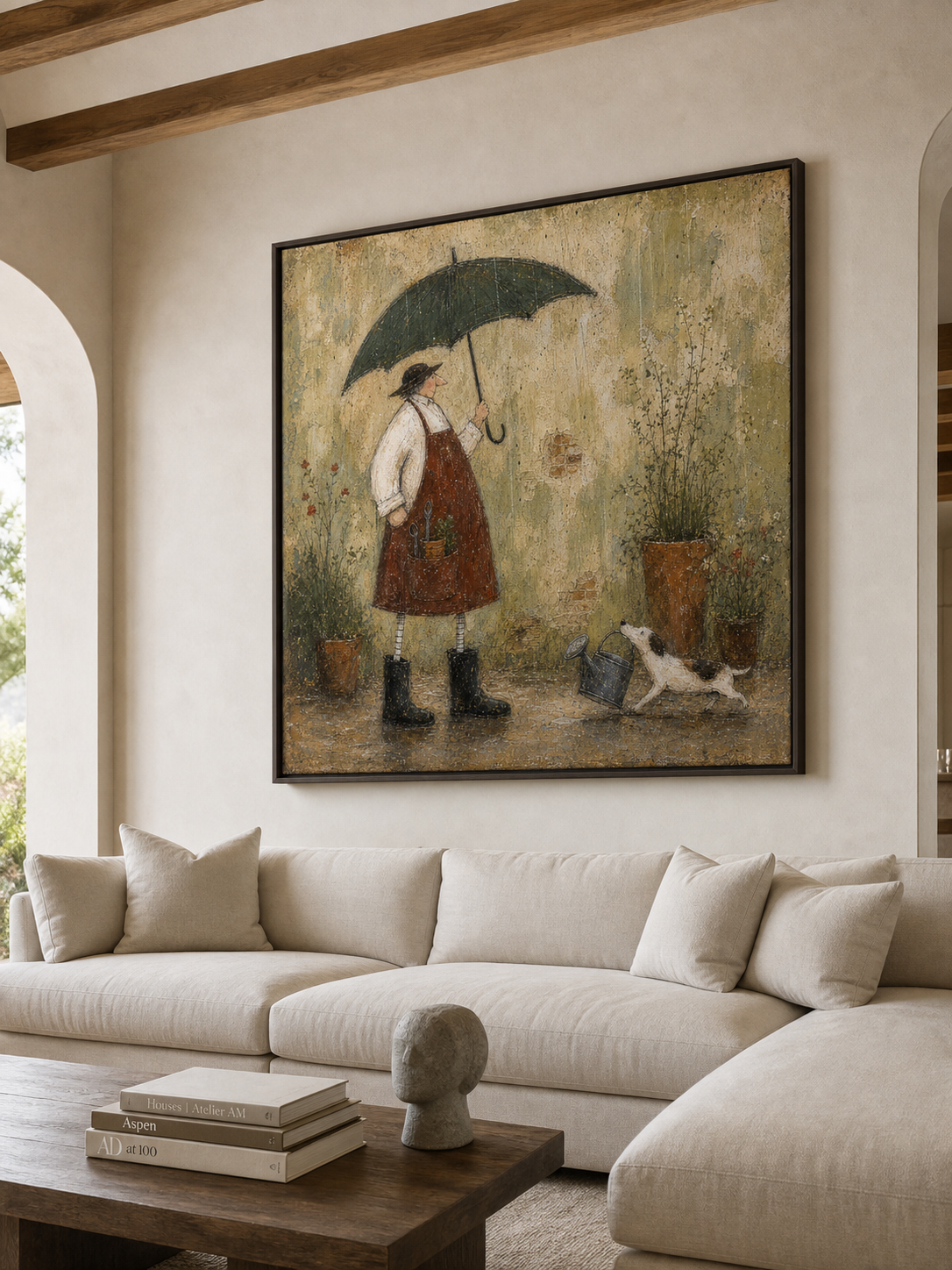 Vintage Gardener With Dog Painting In Earthy Tones For Cozy Home Decor