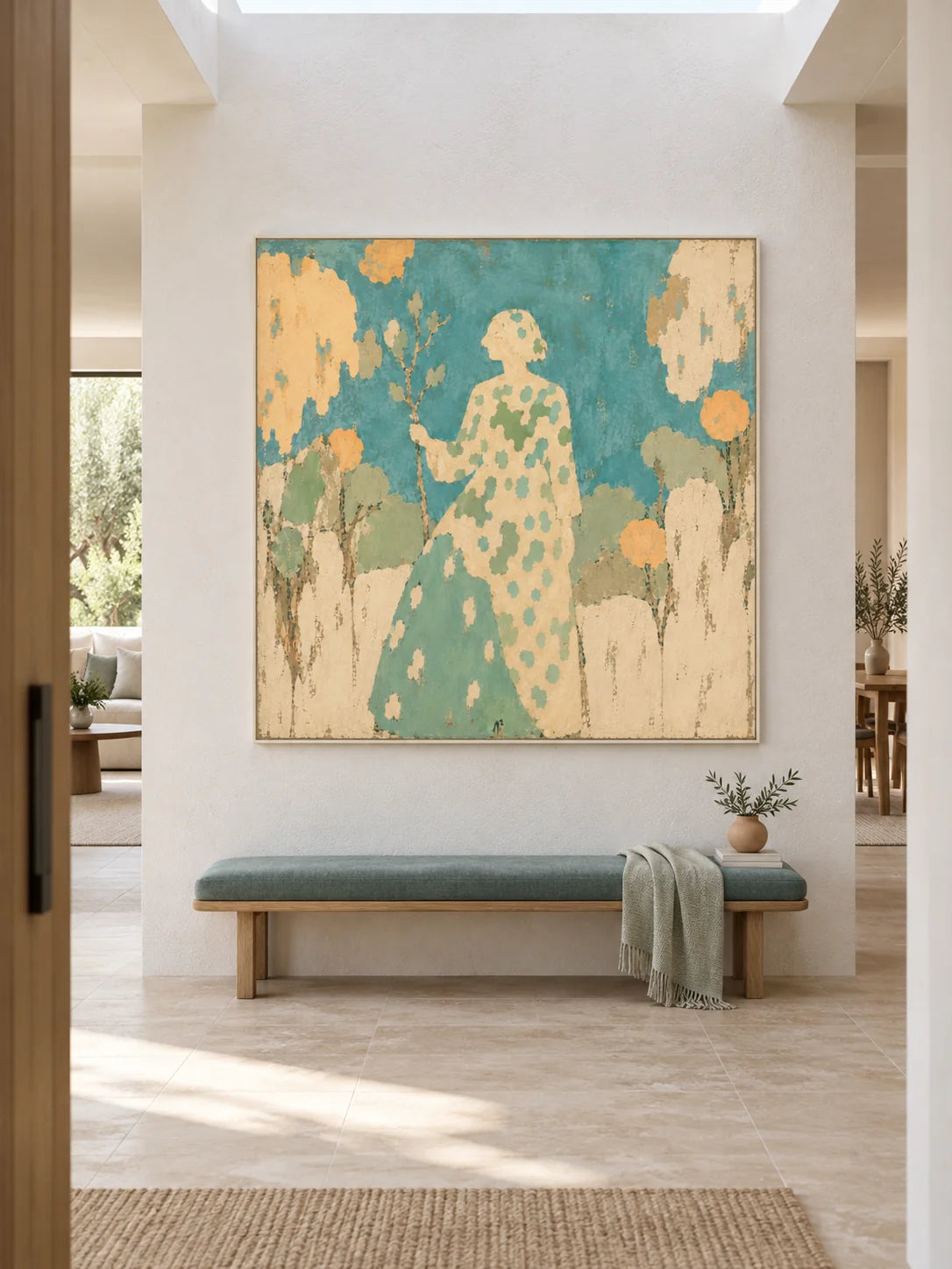Woman In Garden Turquoise Canvas Painting Hand-Painted Wall Art