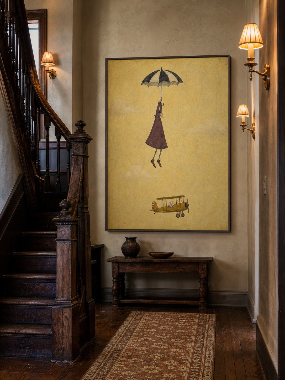 Vintage Style Minimalist Painting Of Flying Figure With Umbrella And Classic Yellow Airplane