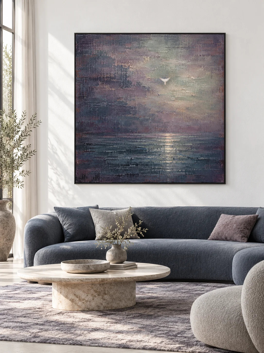 Original Dark Blue Purple Abstract Seascape Painting Atmospheric Ocean Wall Art