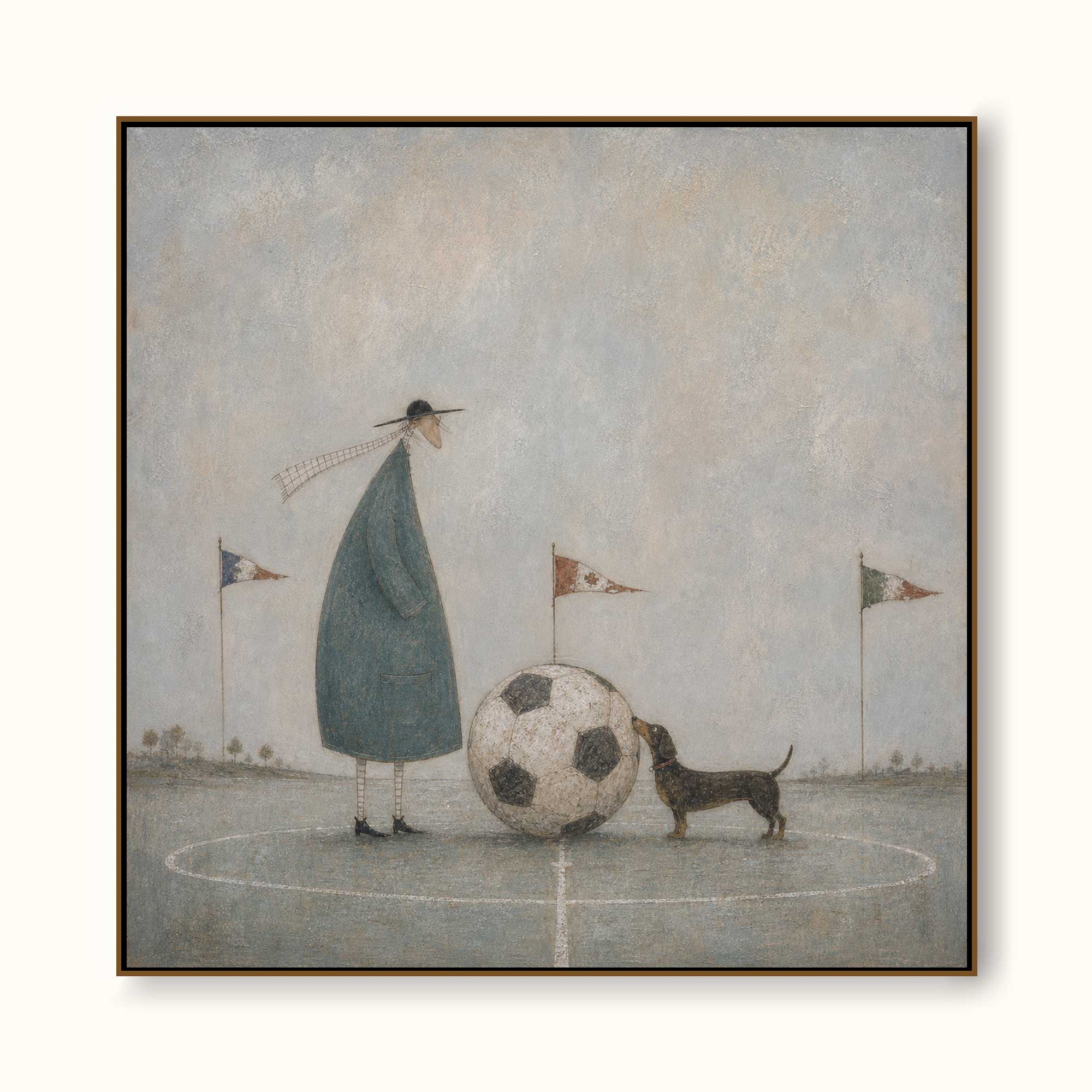 Whimsical Soccer Art Print With Dog And Man In Blue Grey Tones For Modern Home Decor