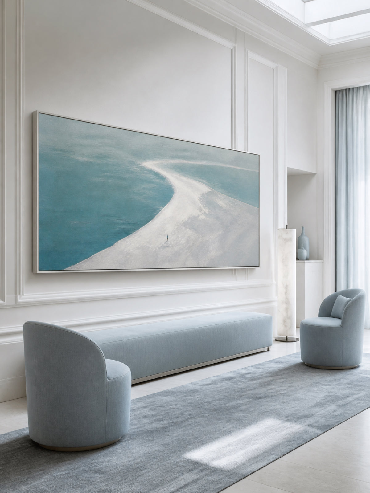 Tiny Figure On Sandbar Hand-Painted Canvas Wall Art With Blue Sea