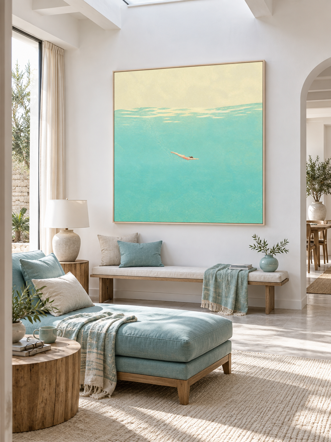 Underwater Swimmer Canvas Painting Hand-Painted Blue Sea Wall Art