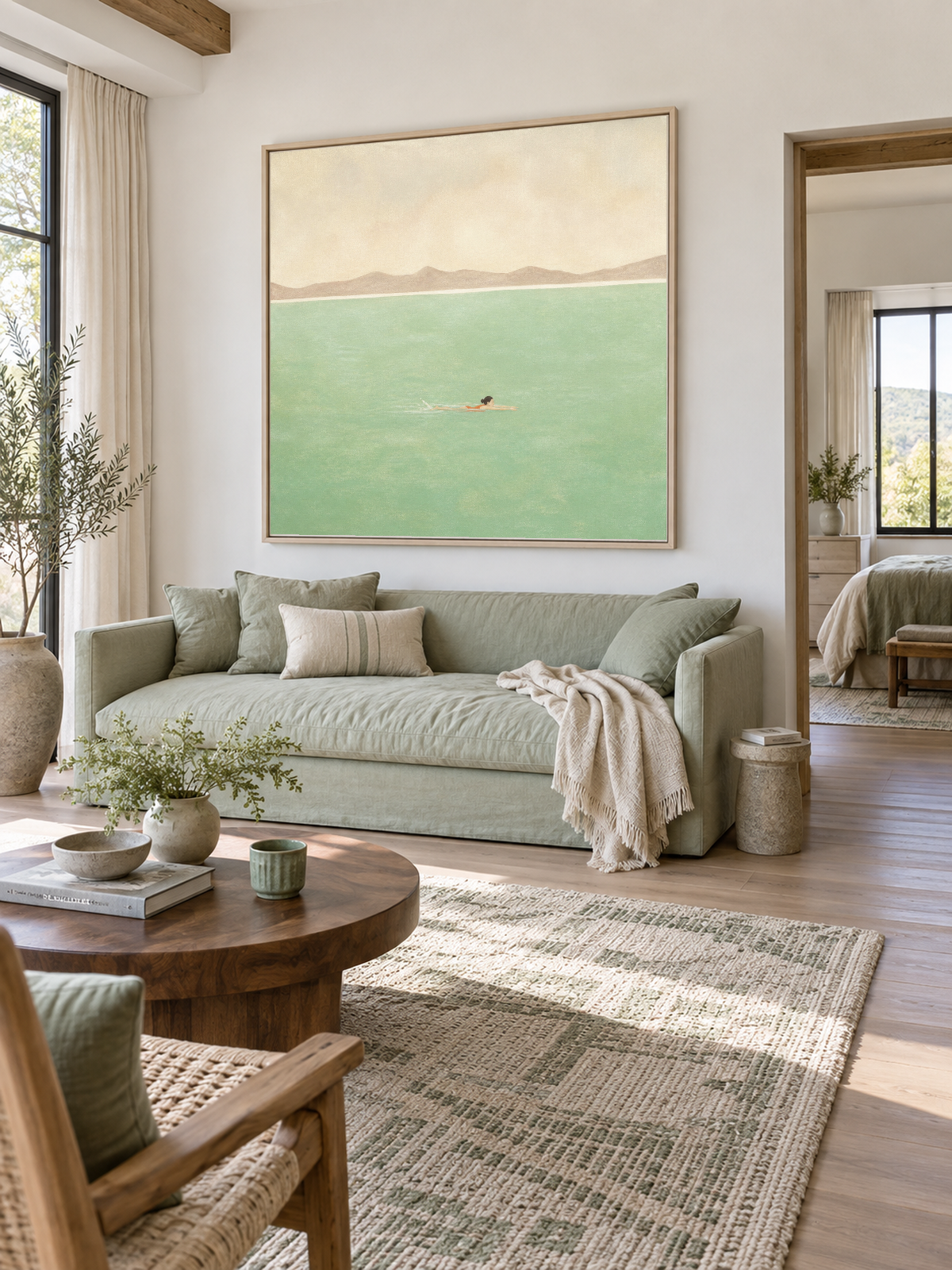 Hand-Painted Pale Green Sea Swimmer Canvas Wall Art With Mountain Horizon