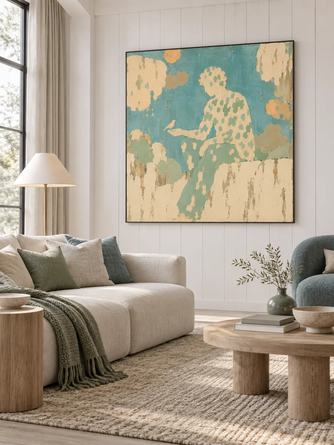 Serene Bird Companion Canvas Painting For Cozy Neutral Bedroom Wall Decor