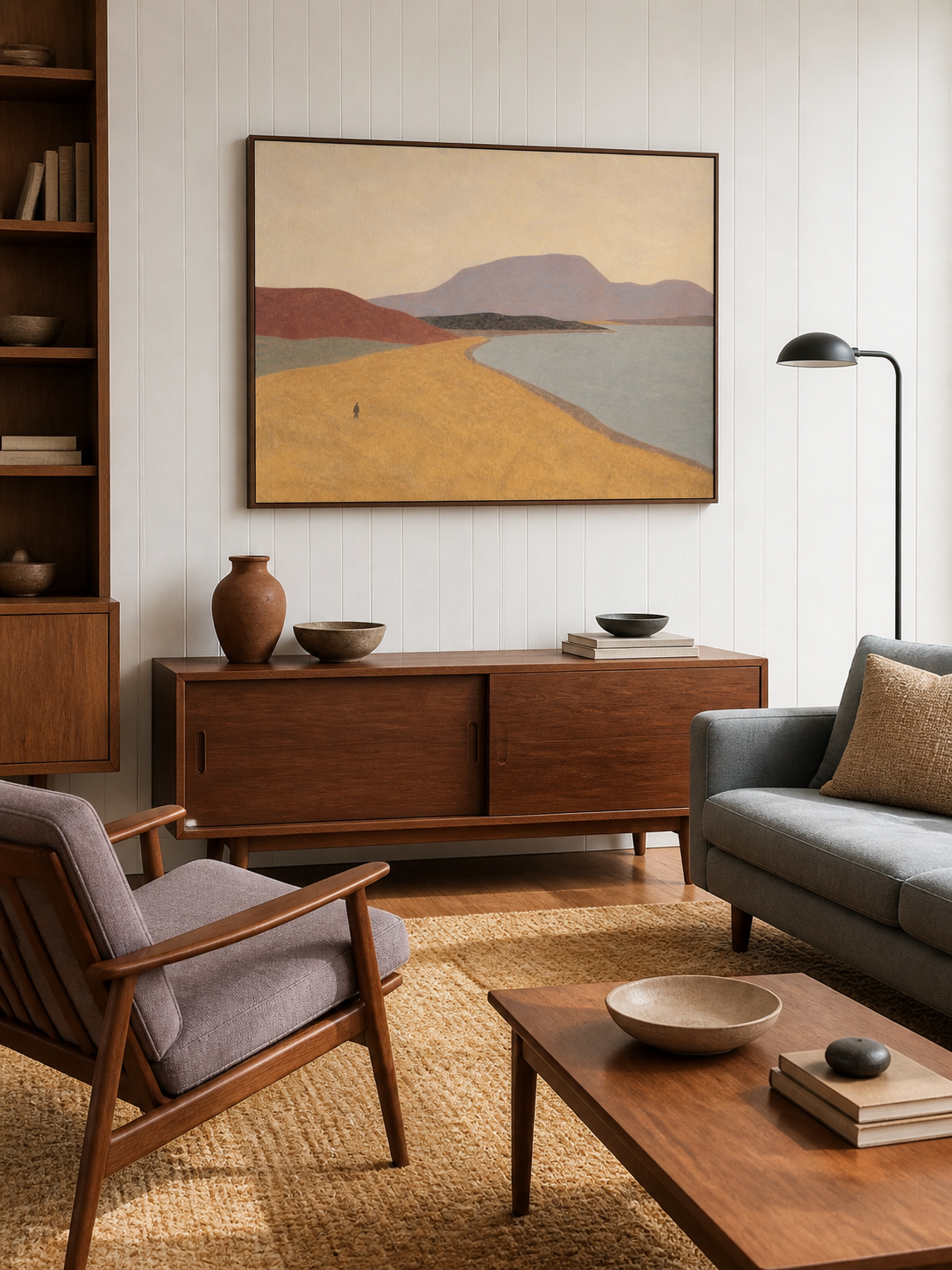 Golden Earth Tone Minimalist Shoreline And Layered Mountains Wall Decor