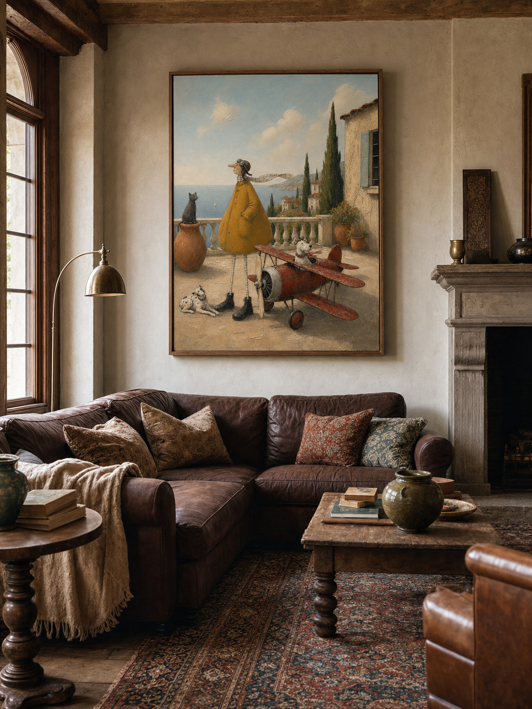 Original Handmade Large Mediterranean Coastal Airplane Pet Oil Painting