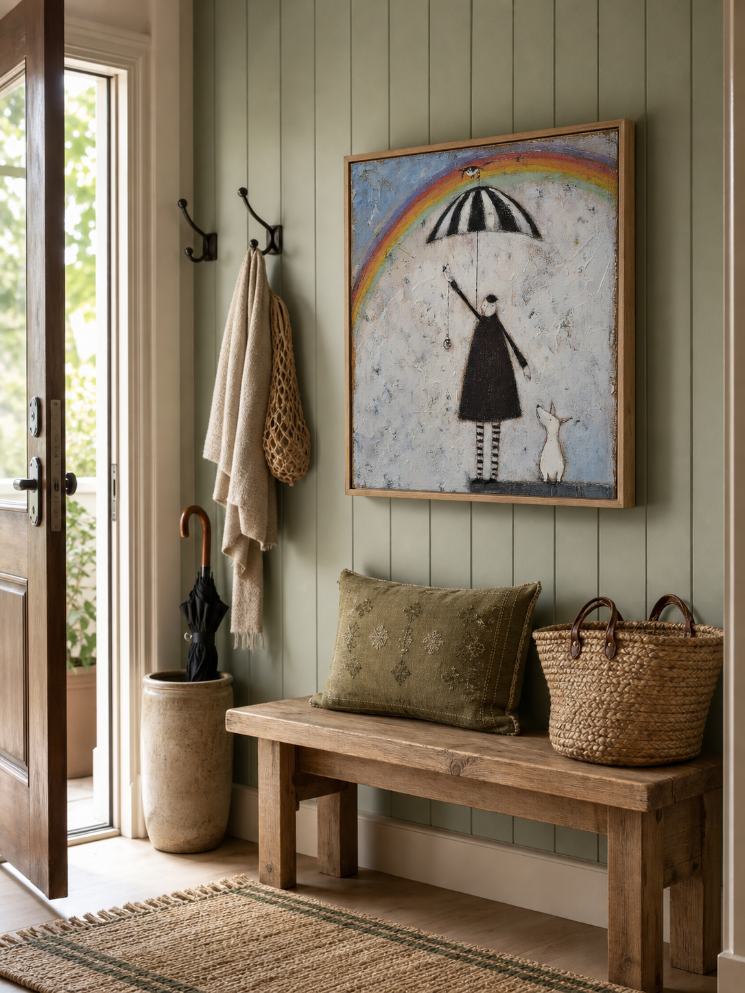 Vintage Figure With Rainbow And Dog Original Oil Painting On Textured White Canvas For Modern Home