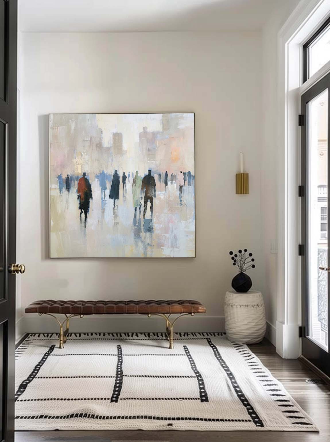 Retro Black And Beige People Wall Art Original Handmade Wabi Sabi Artwork Minimalist Neutral Wall Decor