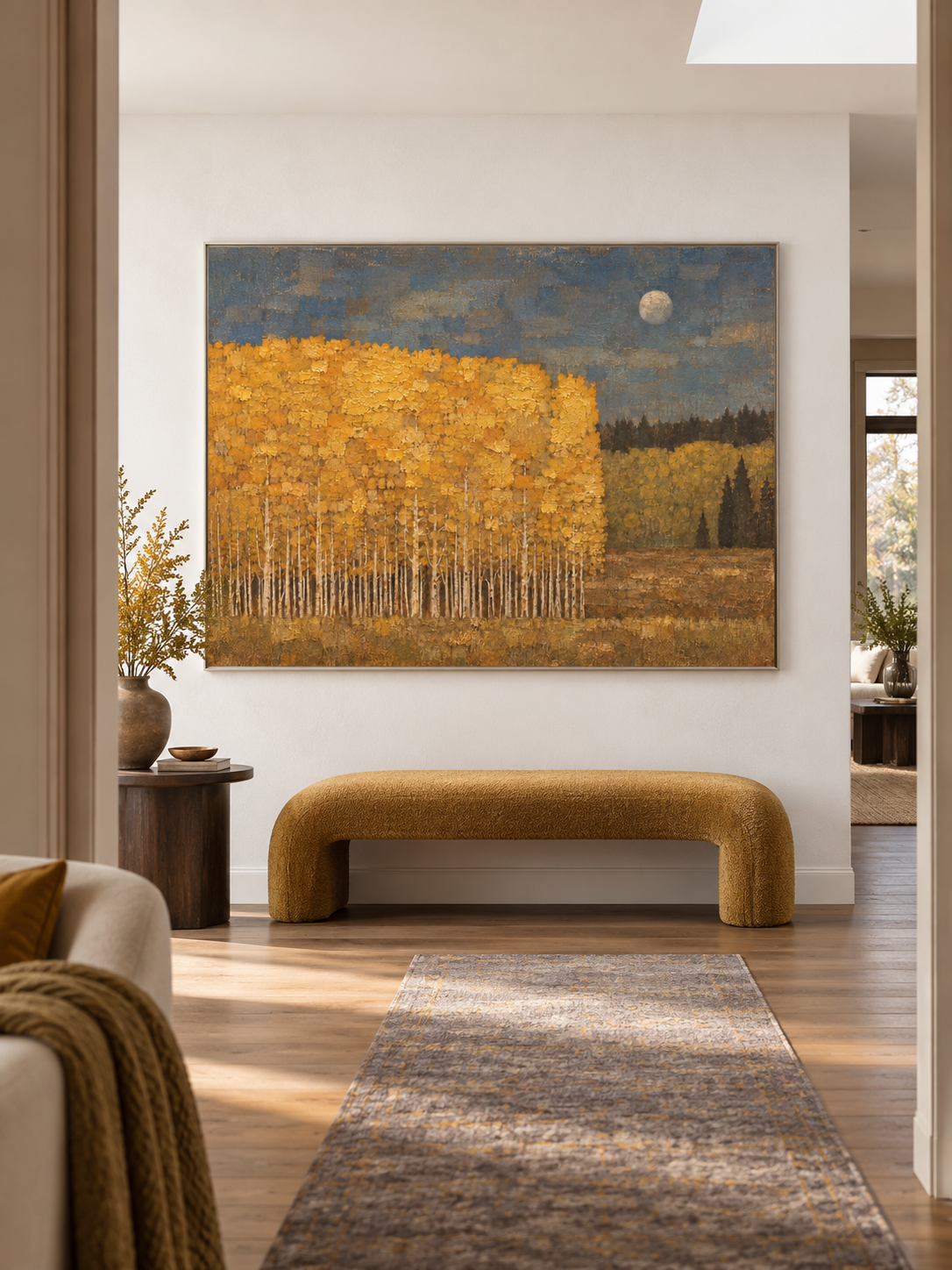 Large Autumn Birch Forest Oil Painting Contemporary Moonlit Landscape Art Artwork