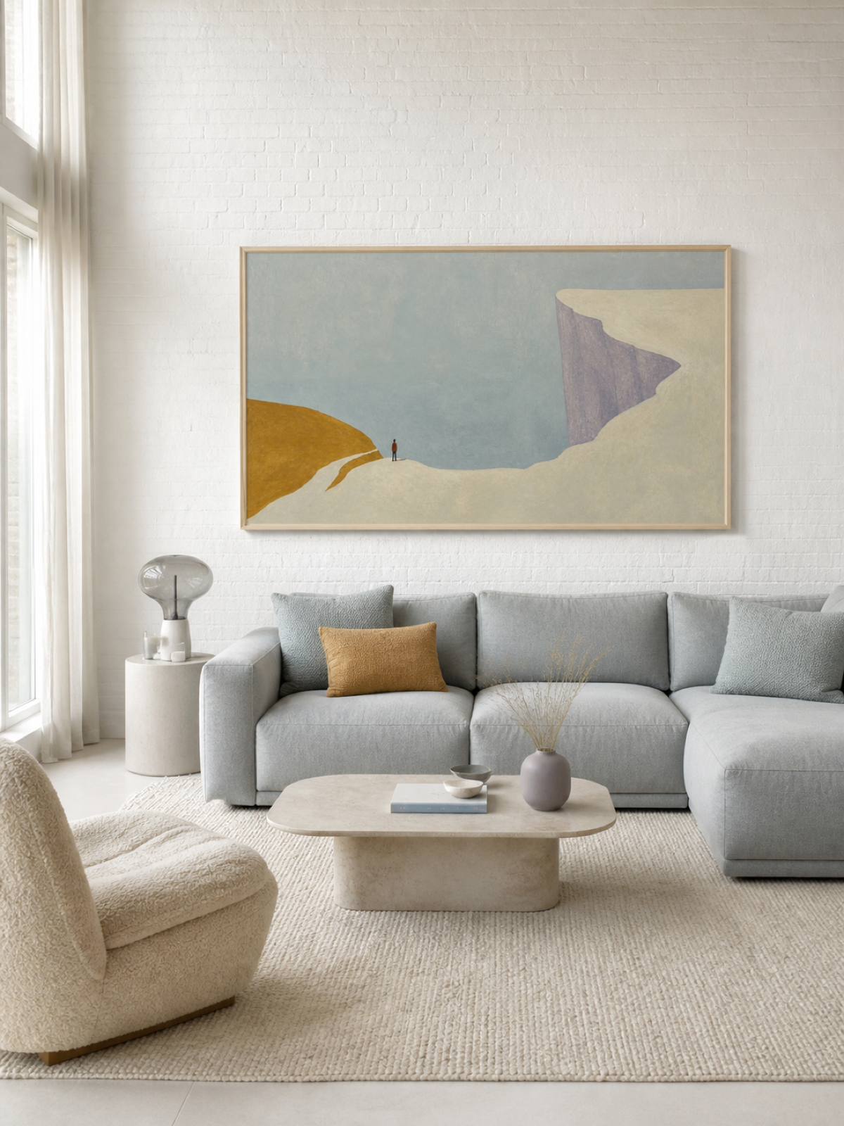 Soft Neutral Mountain Edge With A Tiny Figure Minimalist Wall Decor For Bedroom