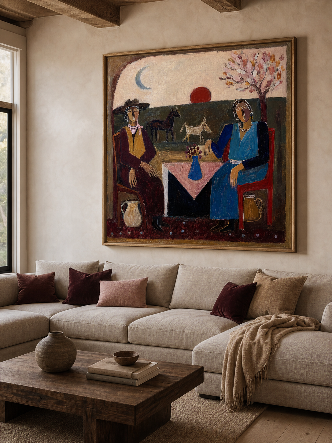 Boho Mediterranean Interior Painting Vintage Inspired Boho Figurative Art For Living Room Decor