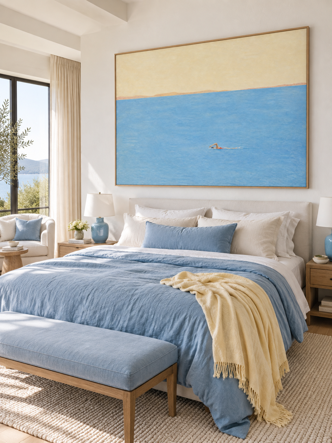 Minimalist Freestyle Swimmer Art For Serene Coastal Interior Design Spaces