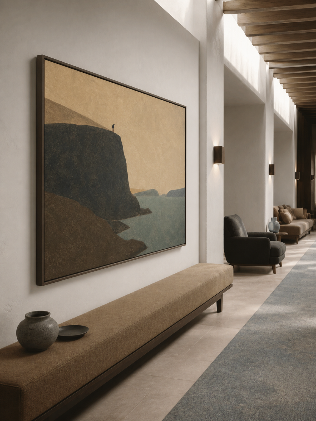 Minimalist Cliff Traveler Painting Hand-Painted Blue Inlet Wall Art