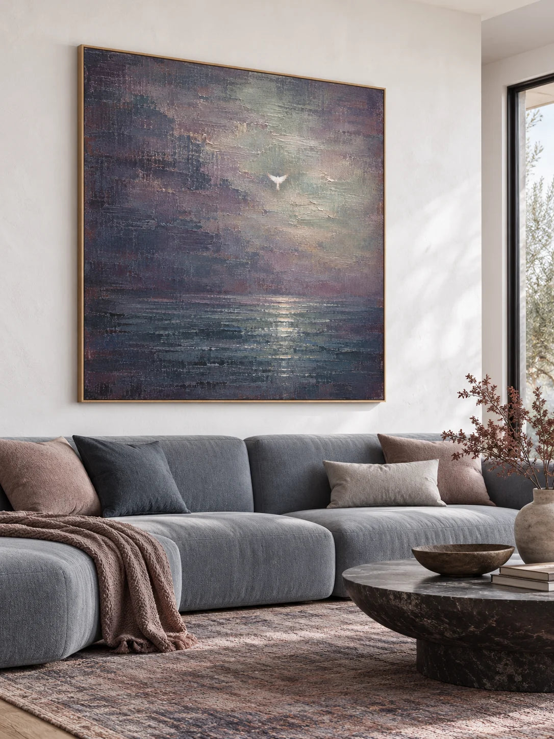 Original Dark Blue Purple Abstract Seascape Painting Atmospheric Ocean Wall Art