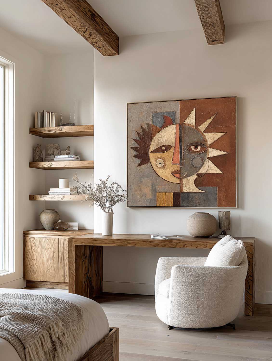 Hand Painted Geometric Portrait On Linen Canvas With Refined Brushwork Texture