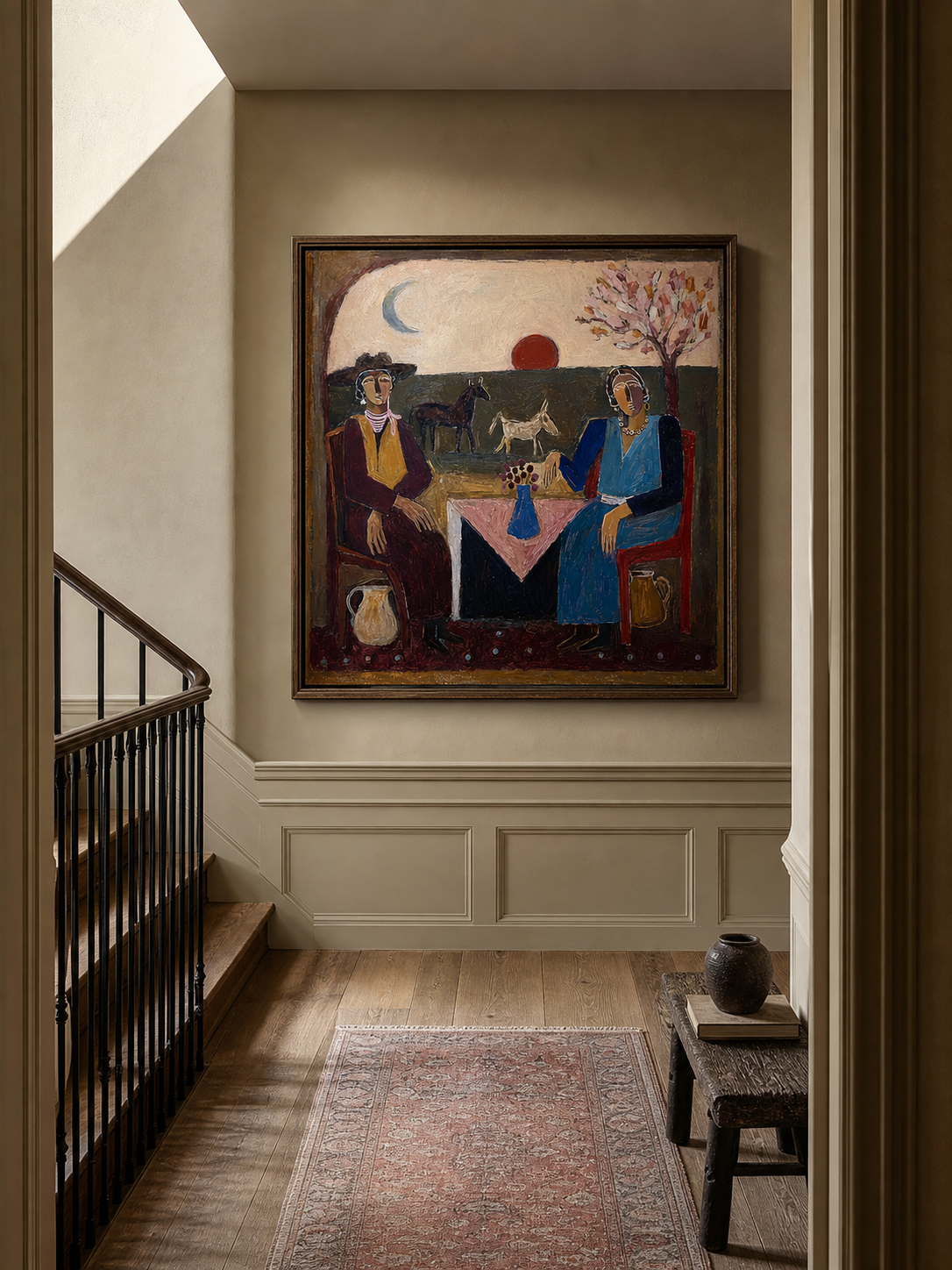Boho Mediterranean Interior Painting Vintage Inspired Boho Figurative Art For Living Room Decor