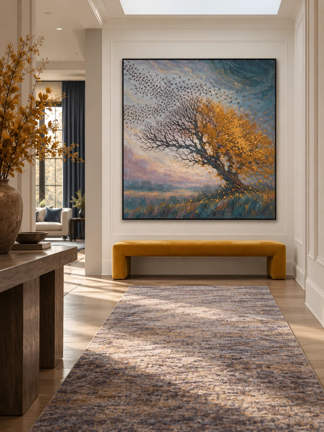 Large Autumn Tree Wall Art Hand Painted Textured Birds And Landscape Painting