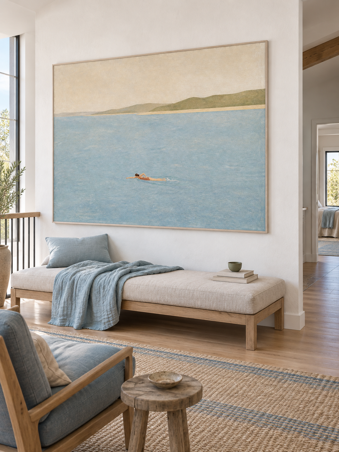 Serene Coastal Landscape Painting With Rolling Hills For Modern Bedroom