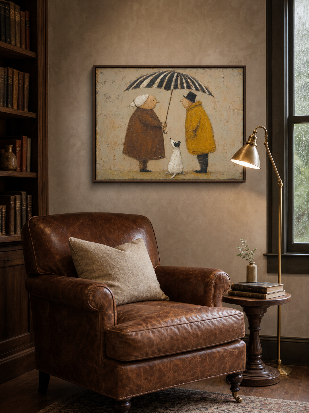 Vintage Style Oil Painting Of Couple With Dog Under Striped Umbrella For Cozy Home Decor