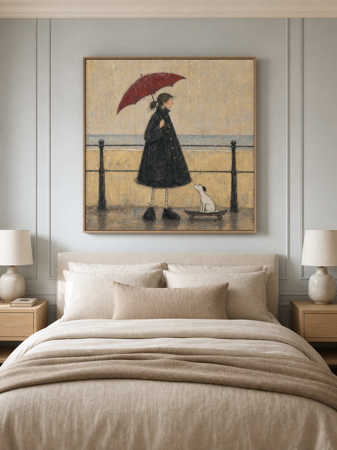 Large Minimalist Art Rainy Day Woman With Red Umbrella Framed Oil Painting