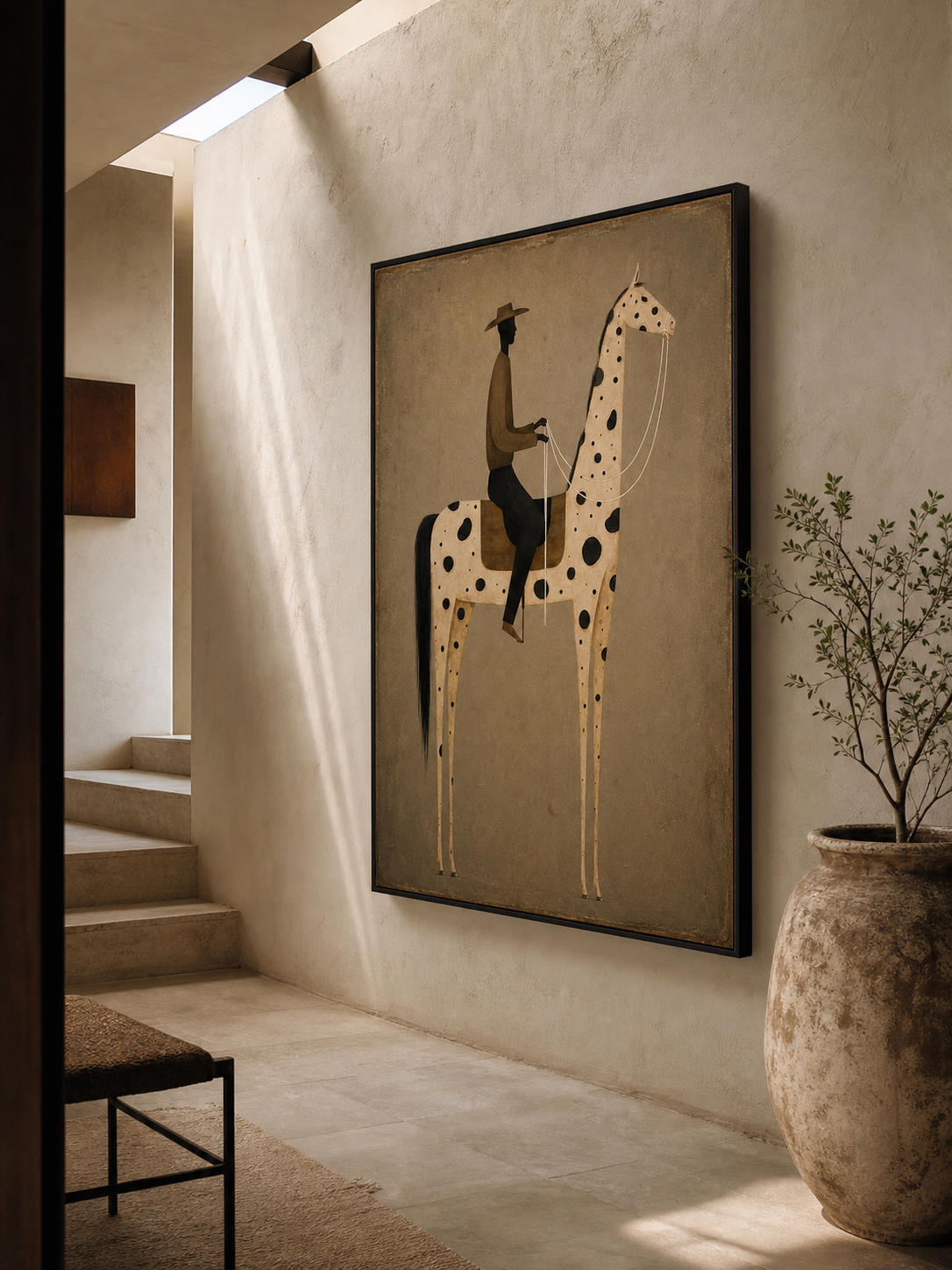 Vintage Equestrian Oil Painting Featuring A Stylized Rider On A Spotted Horse In Earthy Tones