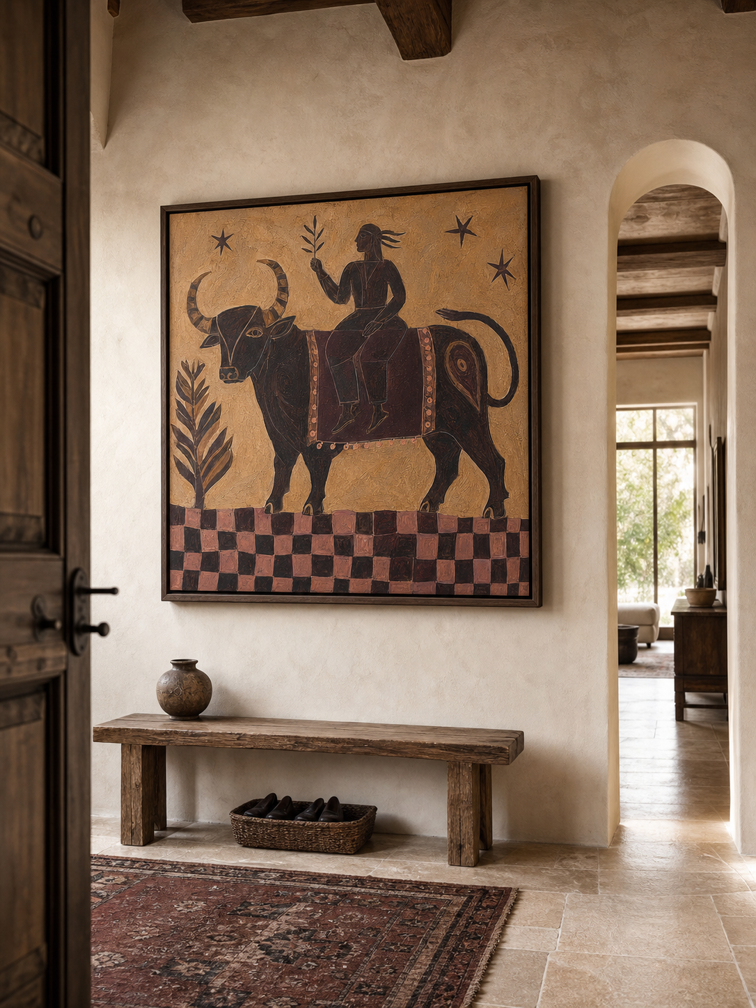 Hand Painted Mythic Bull Rider Painting Bohemian Folk Animal Wall Art Naive Southwestern Artwork