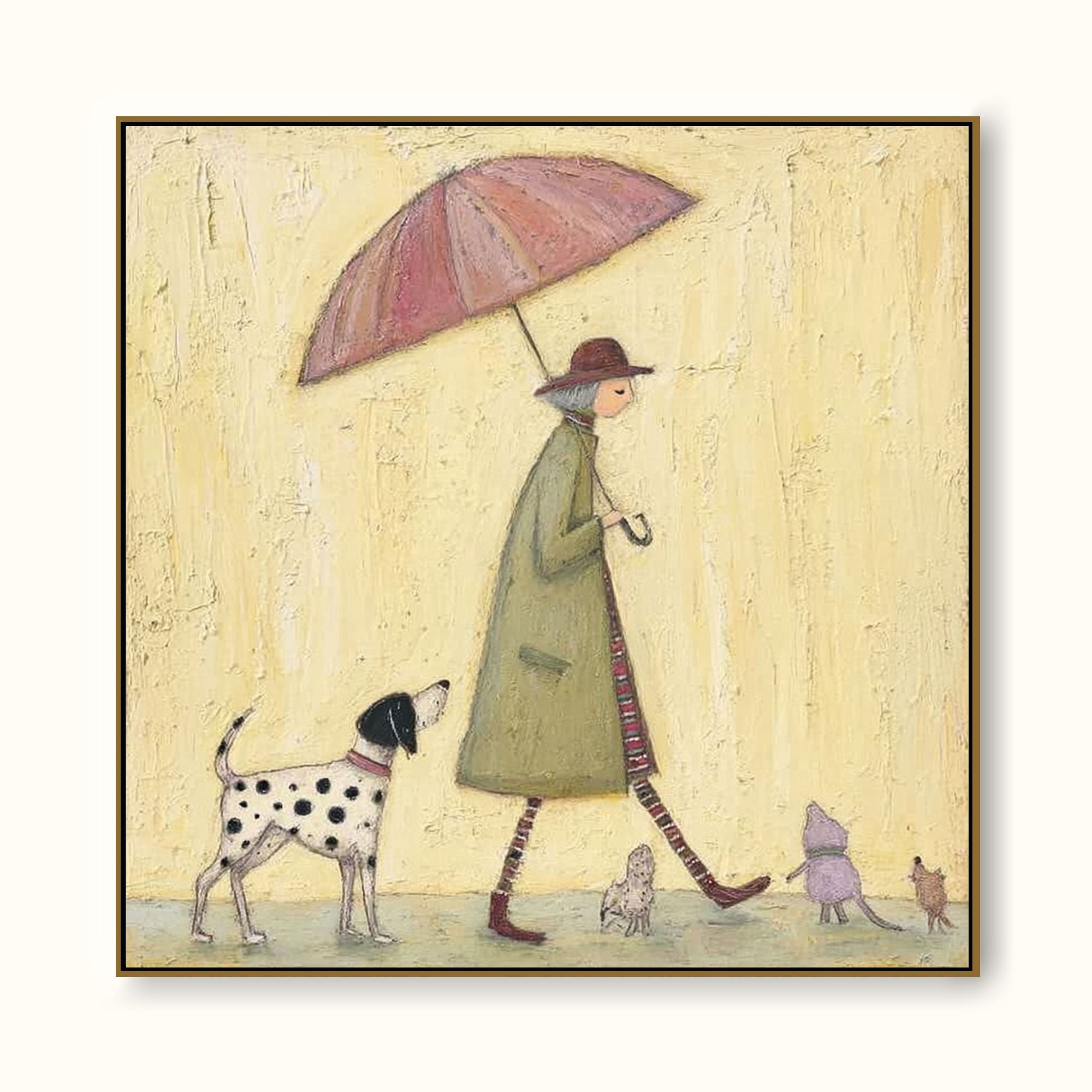 Vintage Dog Painting With Lady And Umbrella For Cozy Home Decor