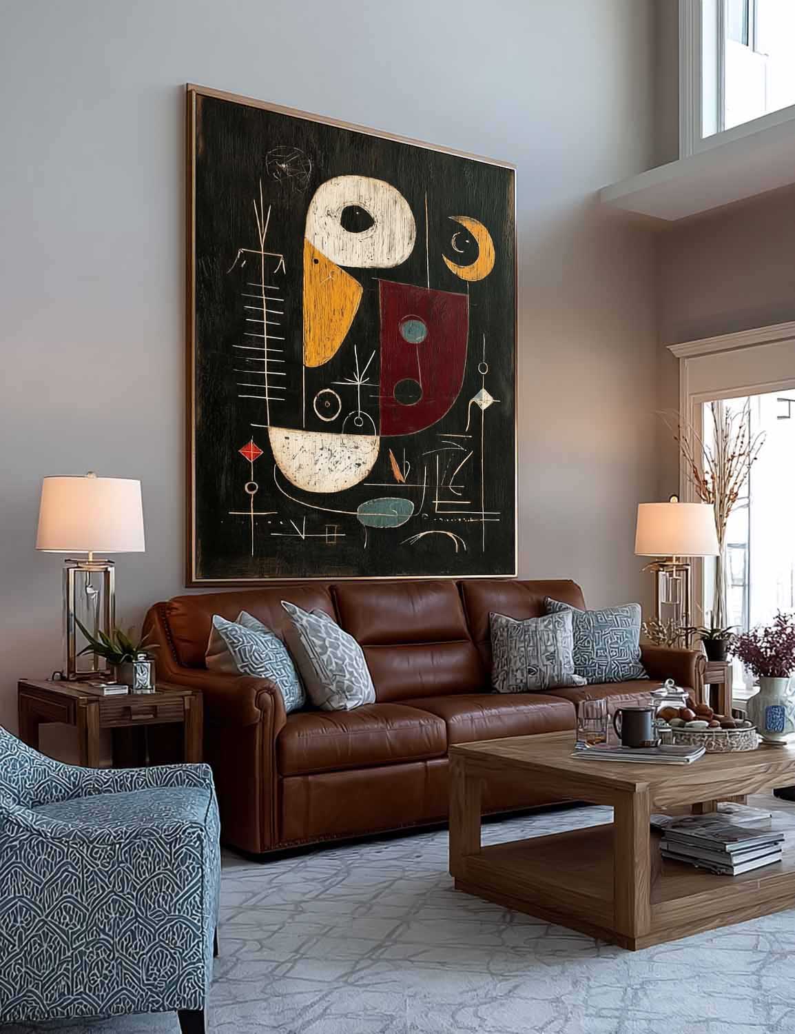 Tall Vertical Abstract Painting With Bold Geometric Shapes And Red Accents
