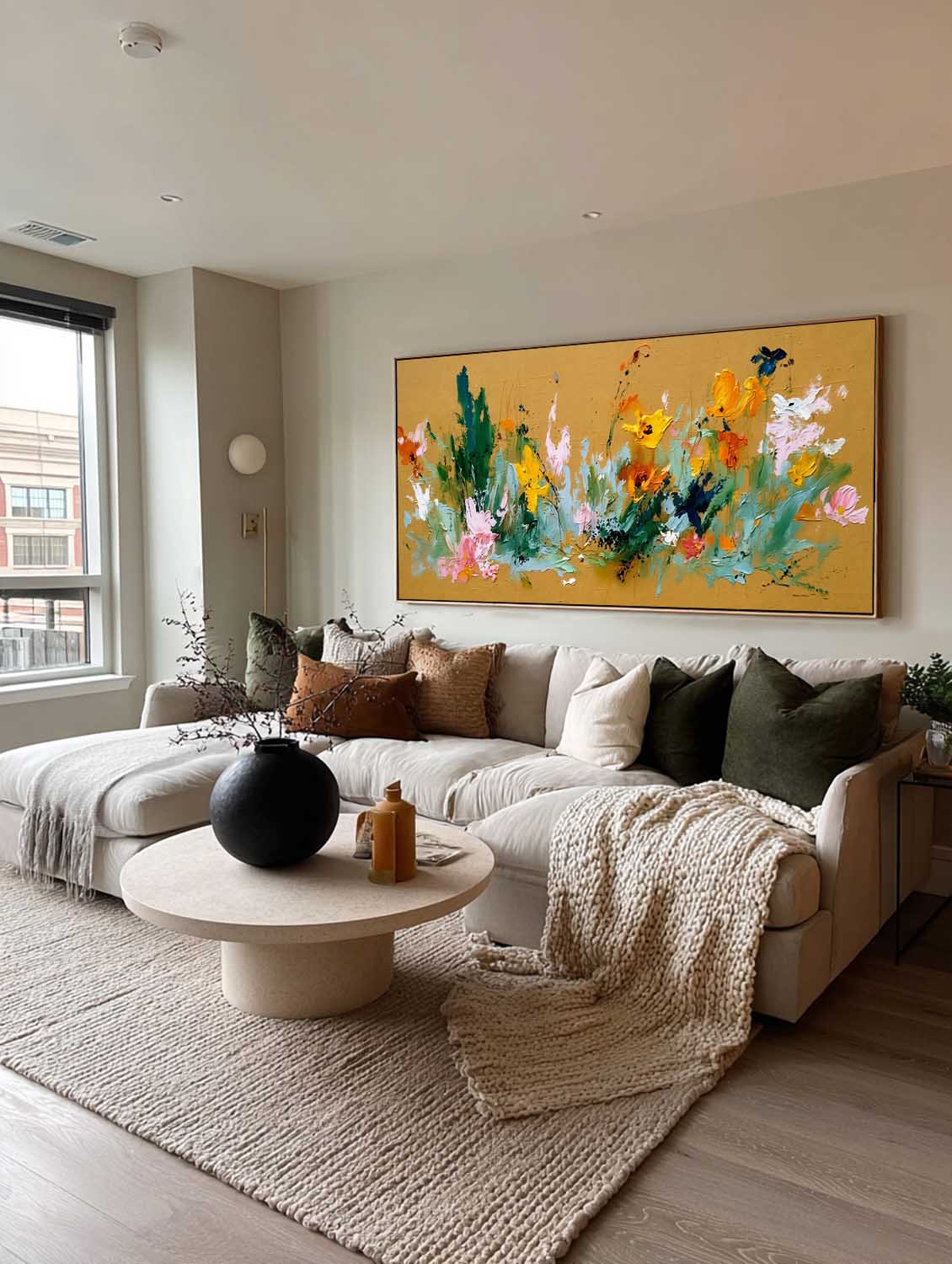 Large Horizontal Abstract Floral Painting With Gold And Green Tones For Living Room