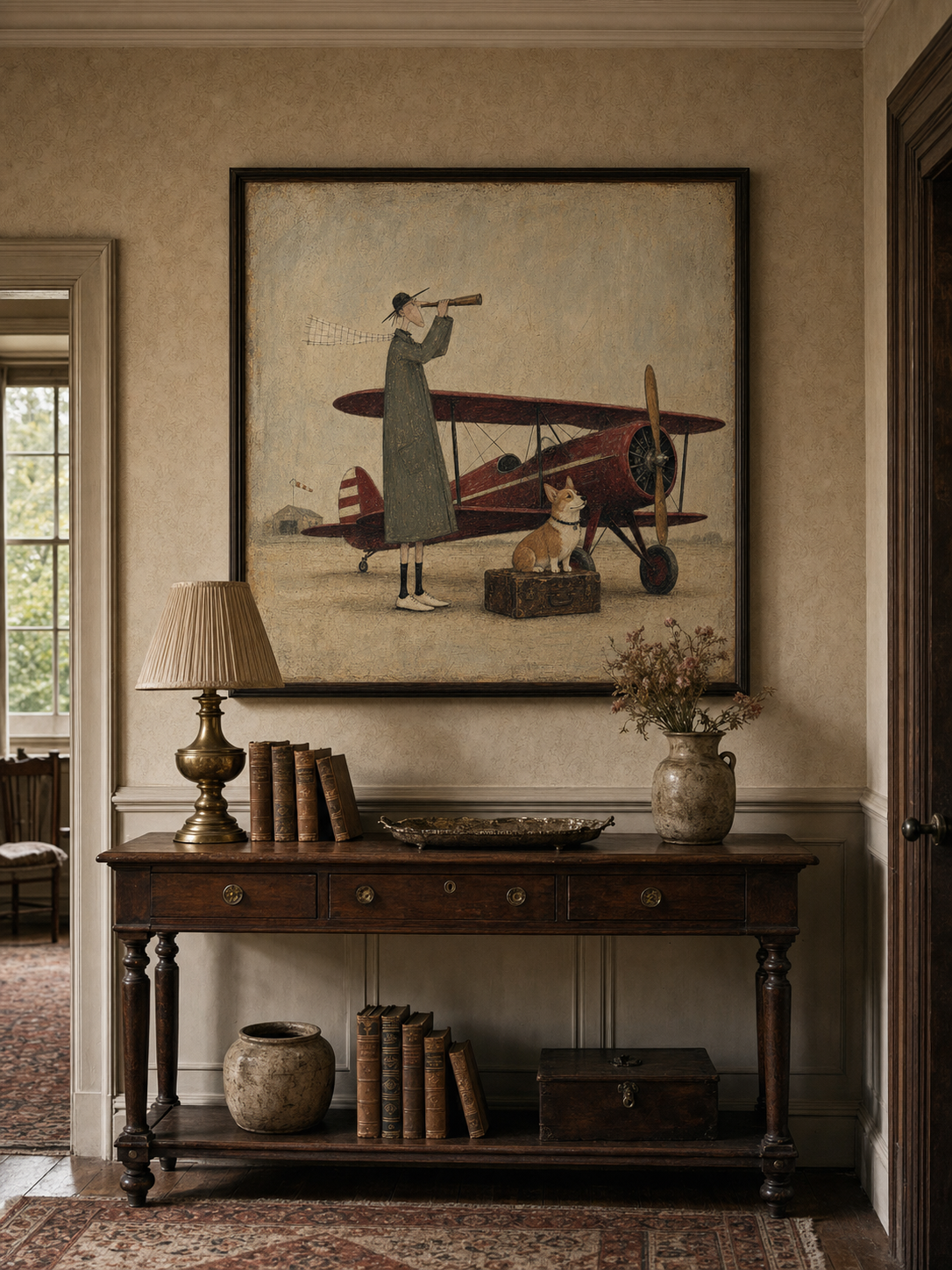 Vintage Airplane And Dog Painting For Travel Lovers Home Decor Art
