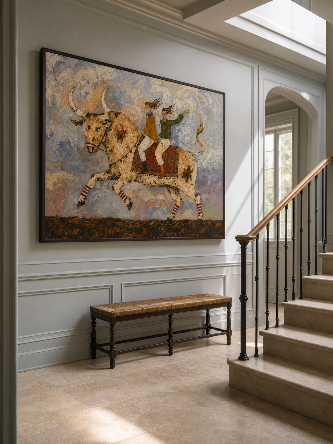 Vintage Bohemian Bull Rider Art With Expressive Brushwork For Living Room Decor