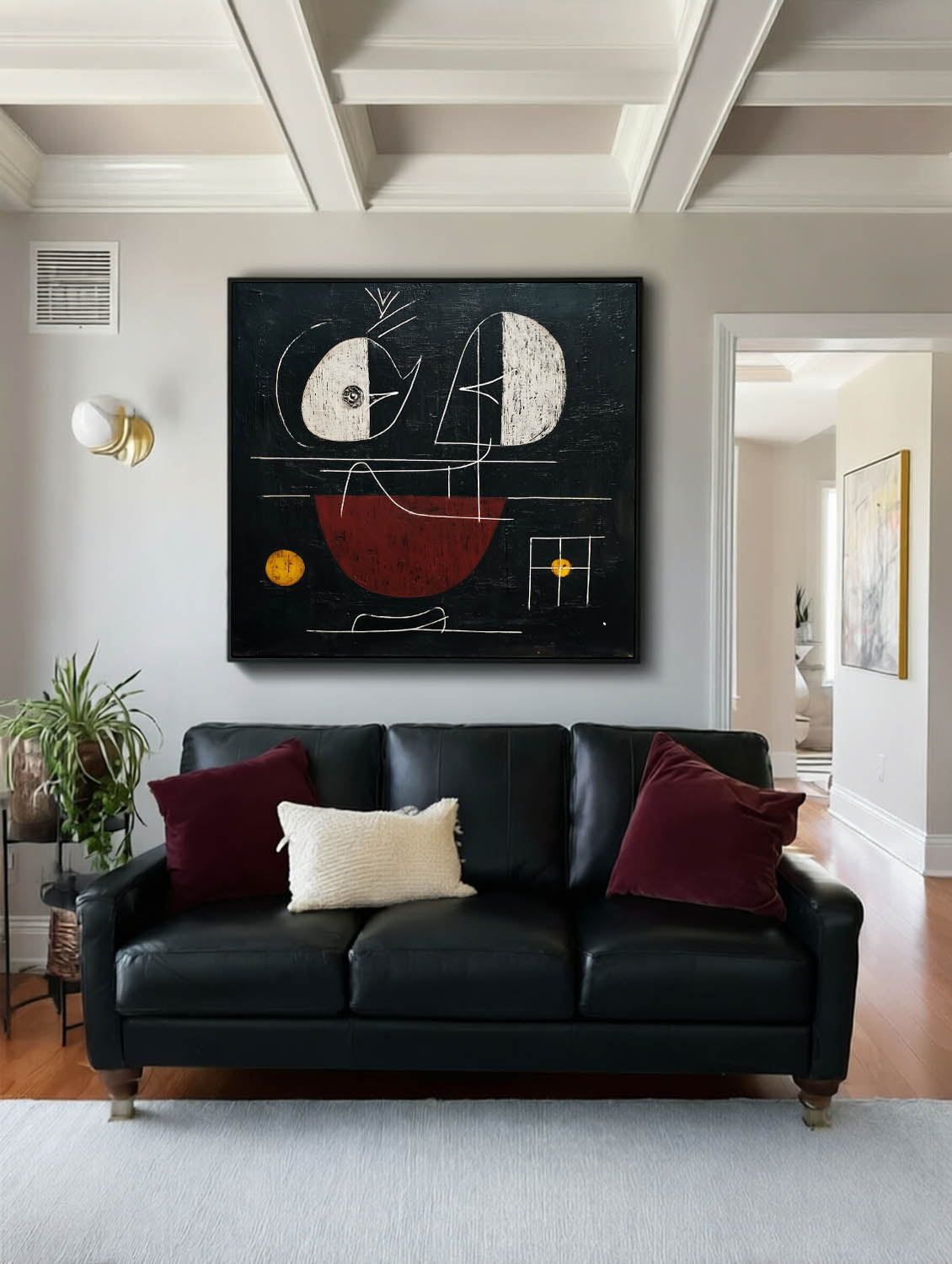 Square Abstract Painting With Red And Black Geometric Shapes