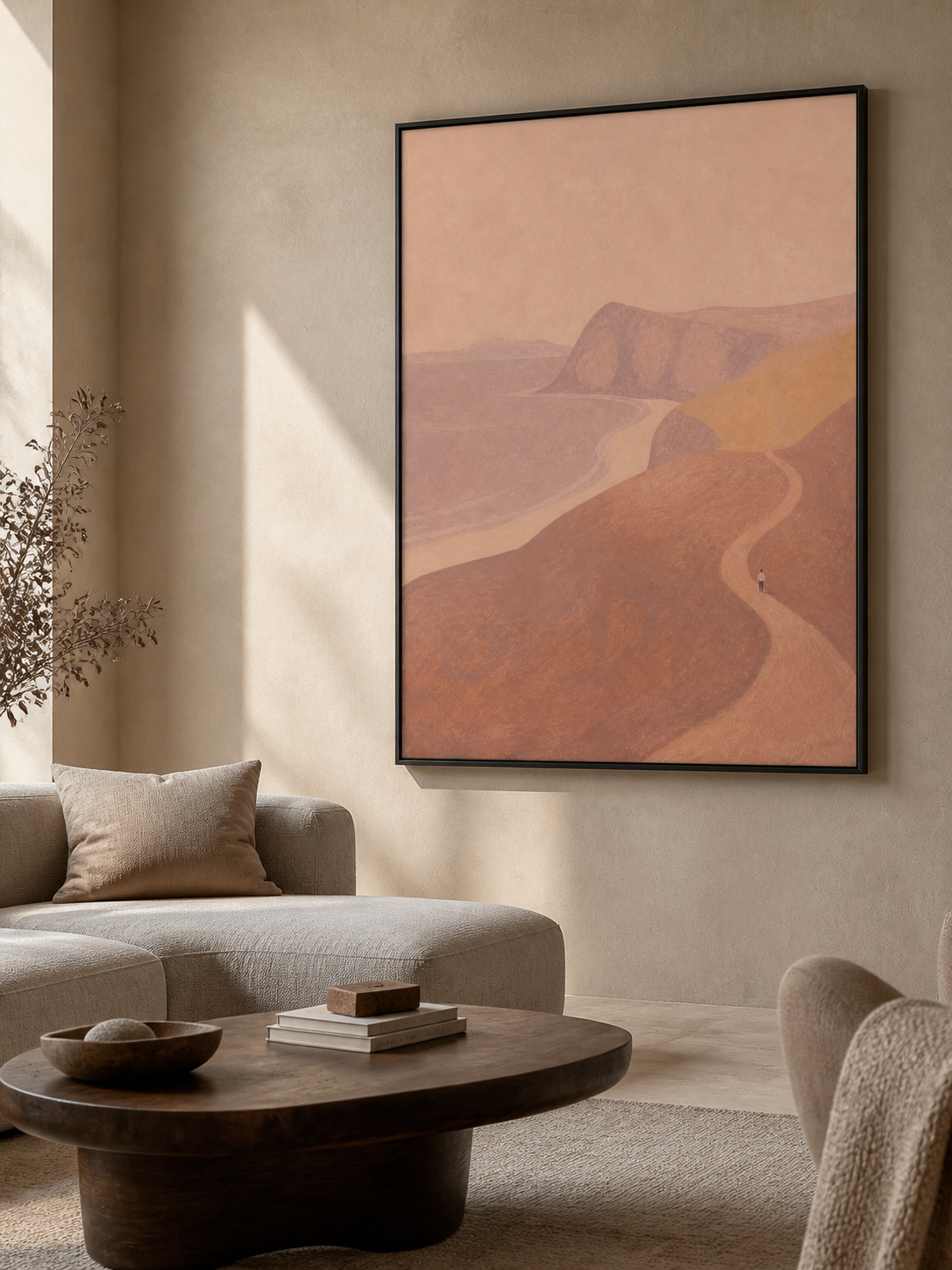 Minimalist Figure On Winding Path Hand-Painted Canvas Art In Earth Tones