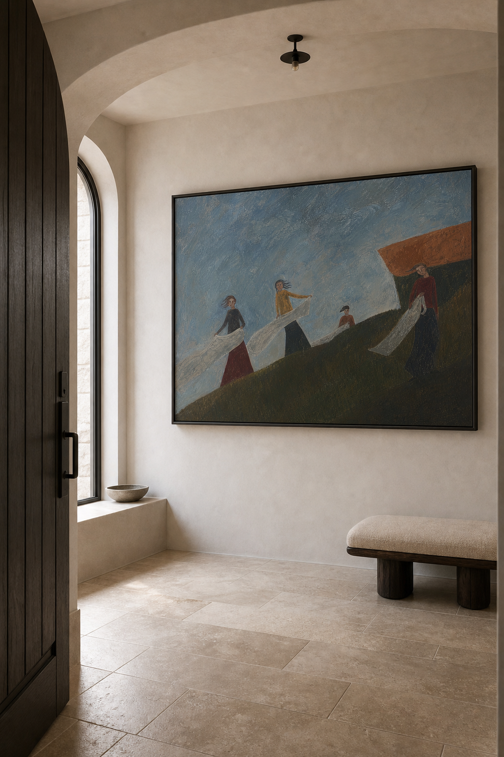 Expressive Modernist Oil Painting Of People And Nature With Dynamic Wind Motion