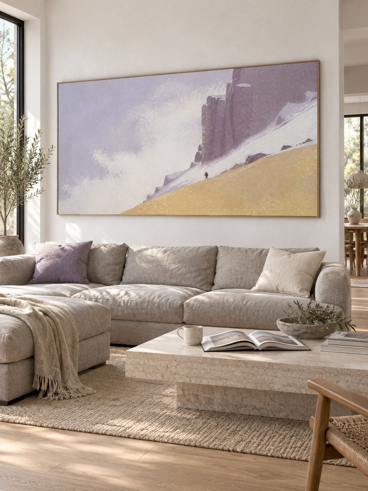 Large Hand Painted Minimalist Snowy Cliffs With Tiny Hikers Wall Art