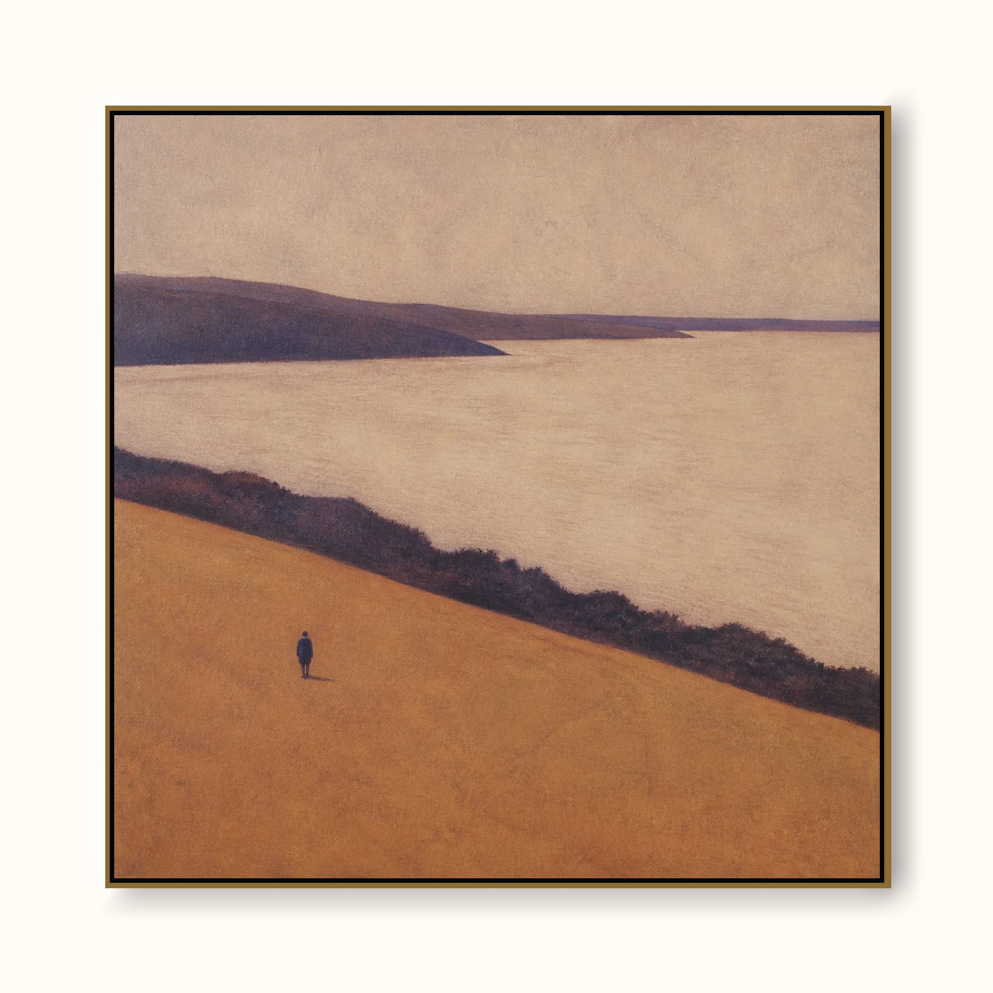 Large Warm Neutral Coastal Landscape With A Lone Traveler Framed Painting