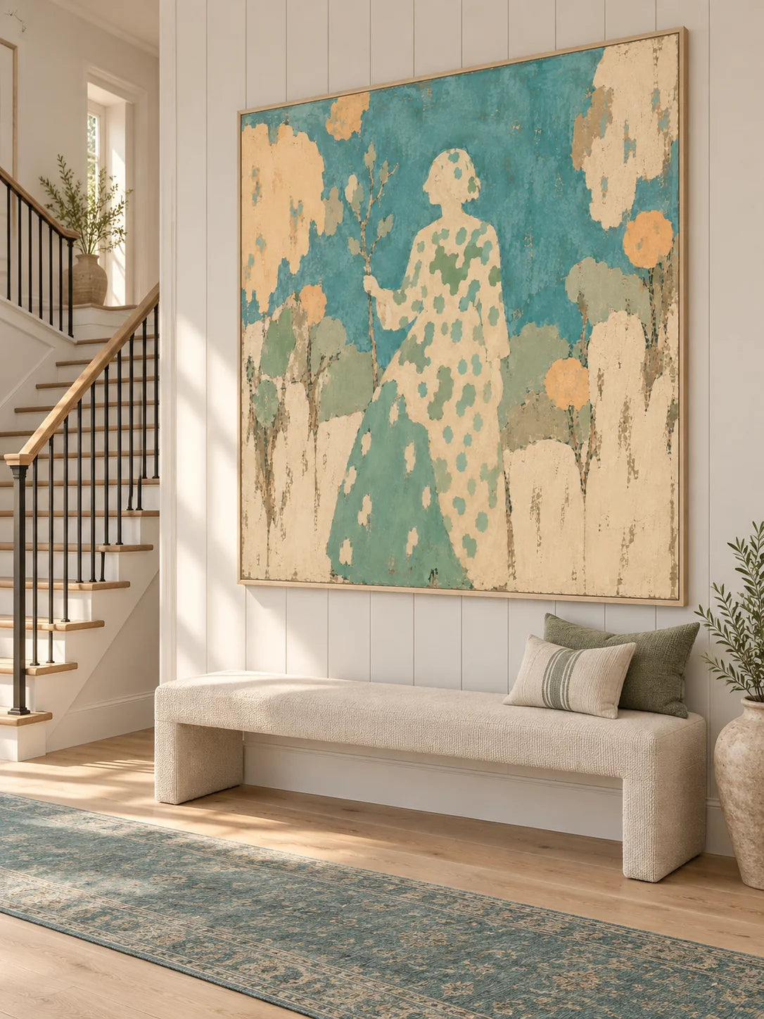 Woman In Garden Turquoise Canvas Painting Hand-Painted Wall Art