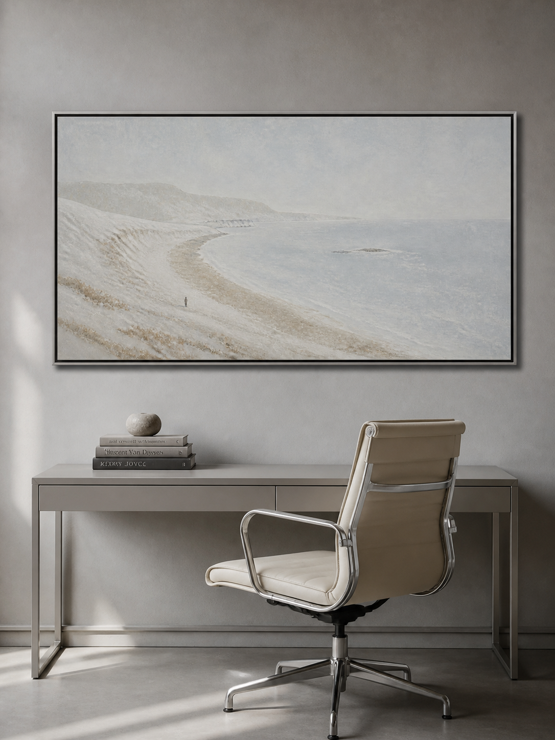 Abstract Coastal Seascape Hand-Painted Canvas Art In Beige And Grey