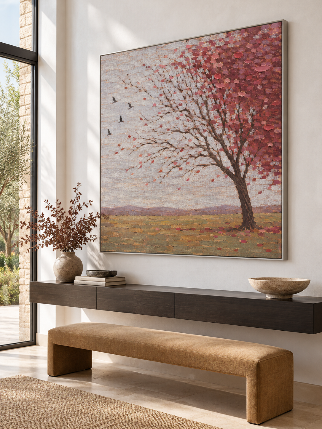Hand Painted Autumn Tree Wall Art Large Blush Pink Rural Landscape Artwork Painting