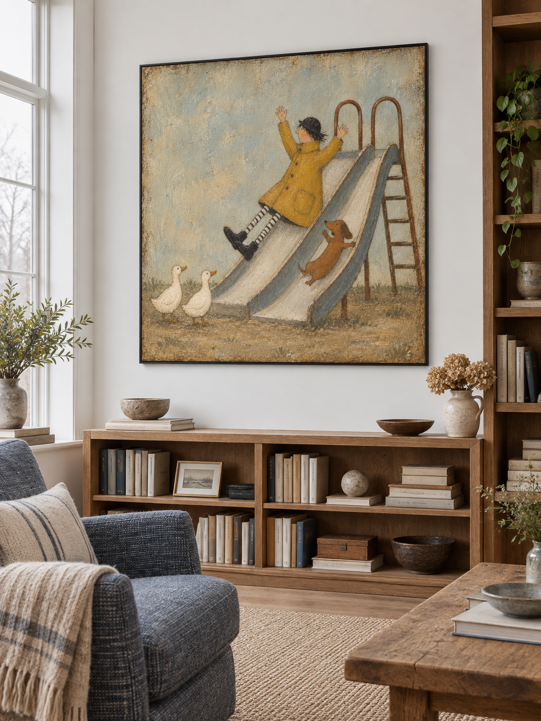 Whimsical Girl And Dog Slide Canvas Painting Hand-Painted Wall Art