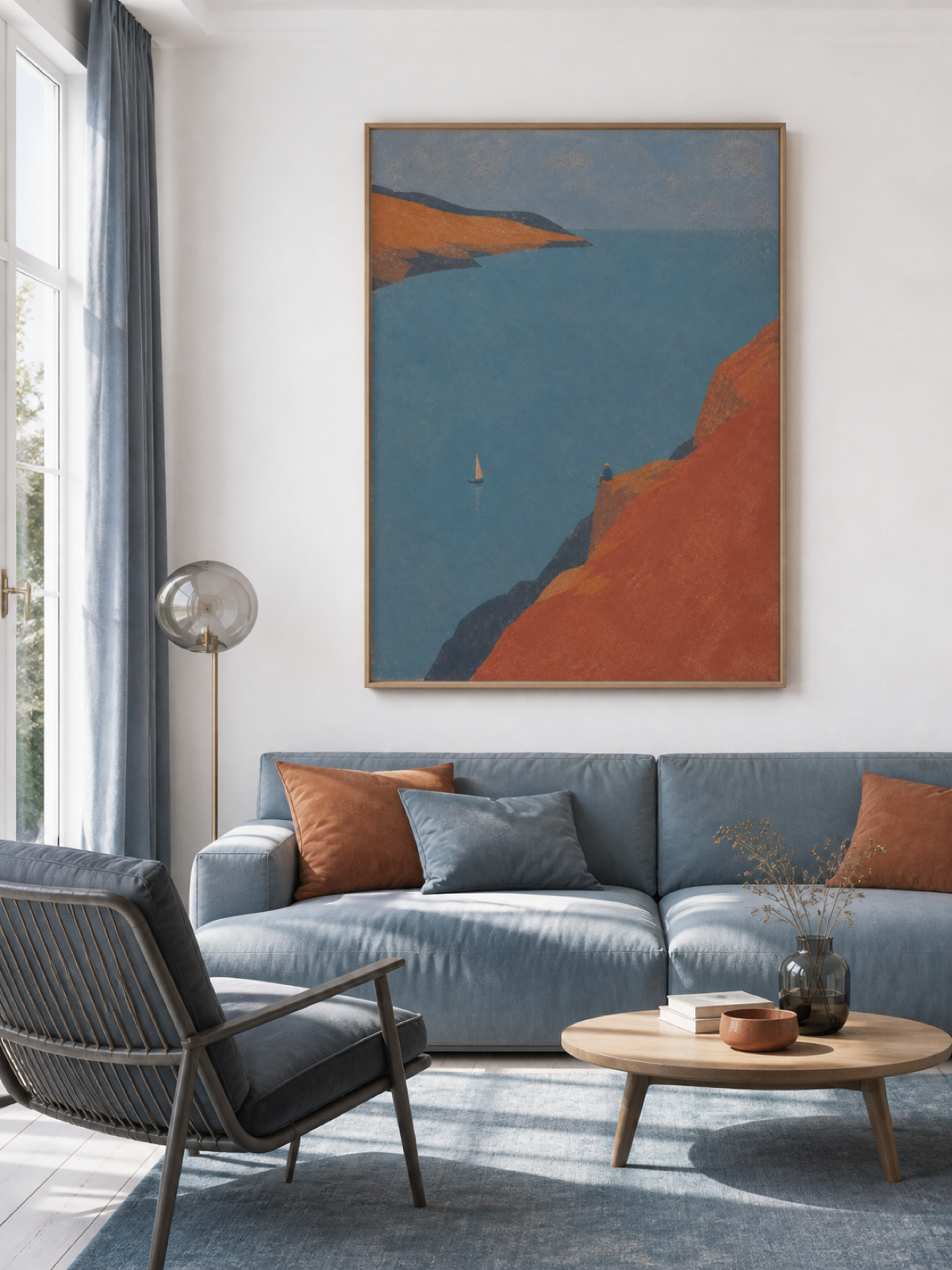 Sailboat And Seated Traveler On Terracotta Coast Hand-Painted Canvas Art