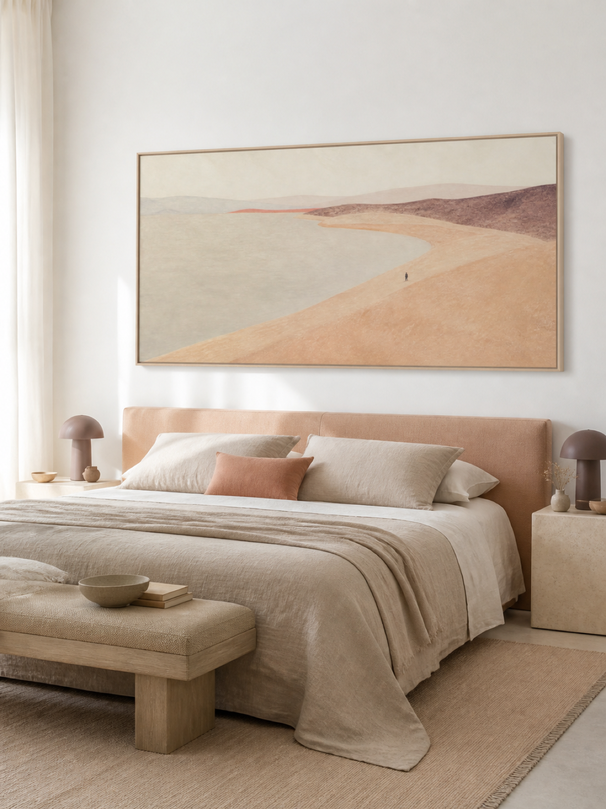 Large Pastel Shoreline Lone Figure Walking Along The Quiet Bay Canvas Art