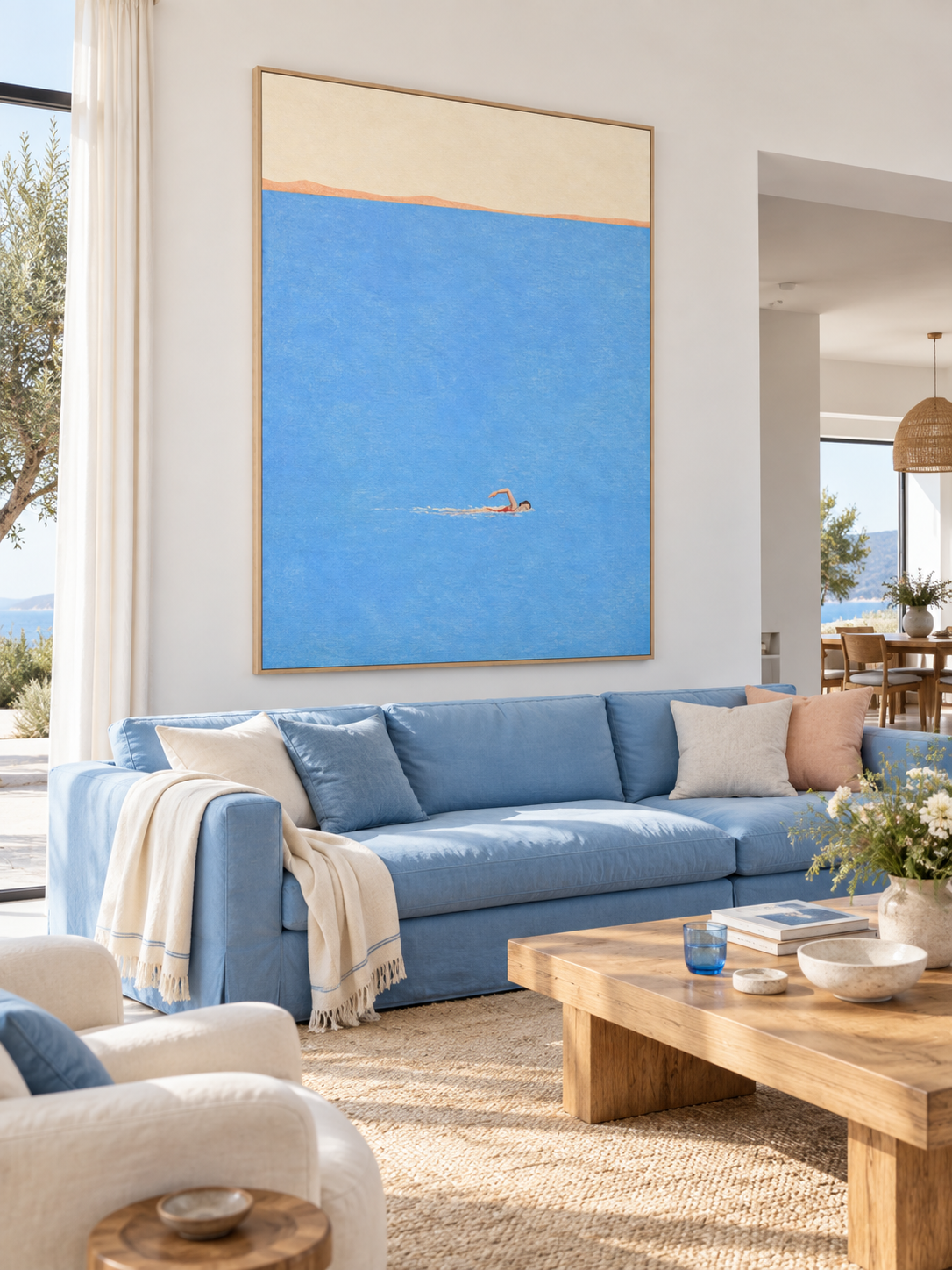 Swimmer In Endless Blue Sea Hand-Painted Canvas Wall Art