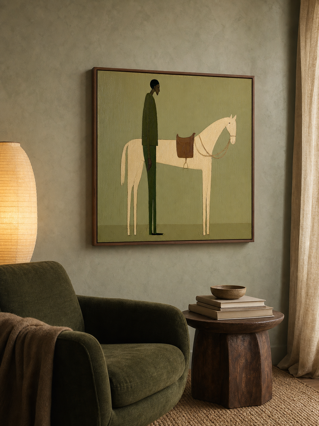 Vintage Minimalist Oil Painting Of Man With Horse In Large Framed Canvas Art