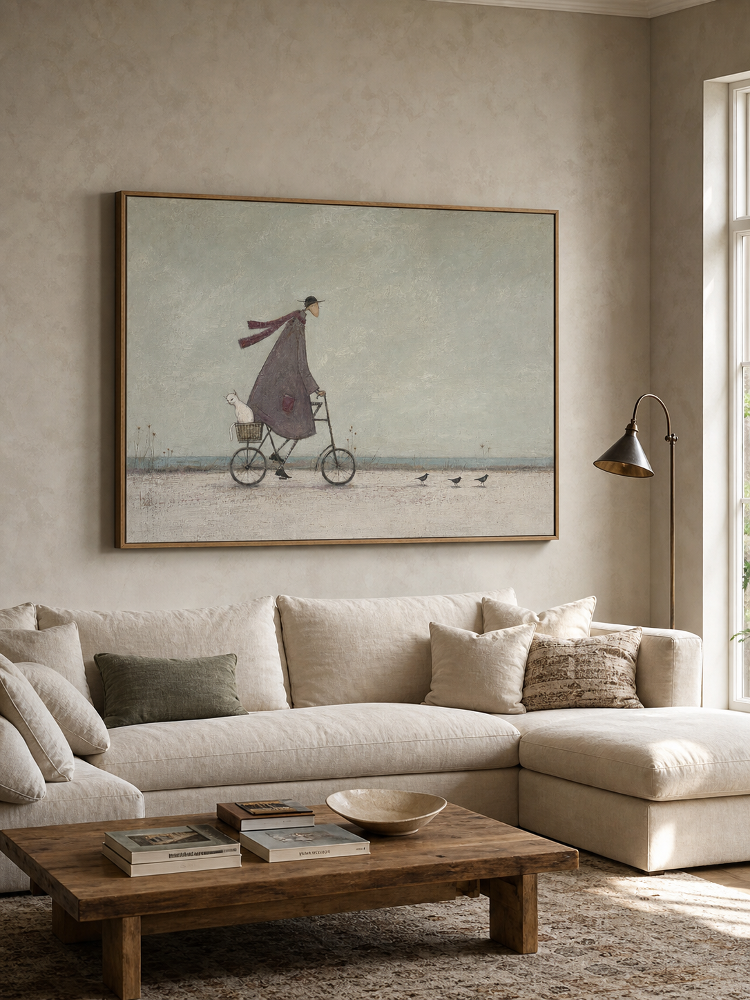 Whimsical Seaside Bicycle Canvas Art Man Ride Coastal Vintage Oil Painting