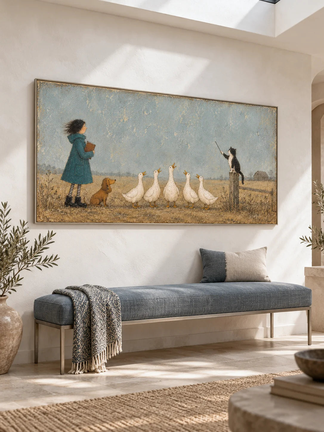 Whimsical Cat And Duck Farm Animal Canvas Painting Hand Painted Wall Art