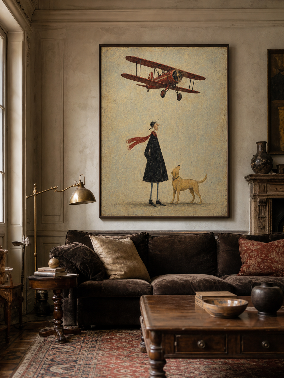Vintage Red Biplane Painting Original Art For Travel Lovers Home Decor